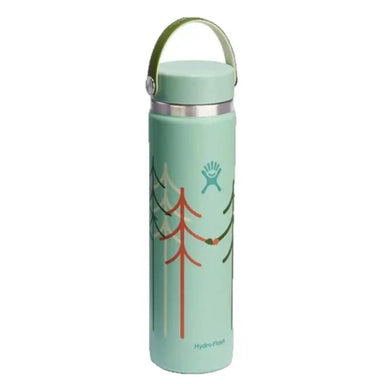 Hydro Flask Let's Go Together 24 oz Wide Mouth with Flex Cap shown in TreeLine Green option. Aqua water bottle with red, green, white, and blue trees. Blue Hydro Flask logo. Shown with Aqua colored cap with green handle.