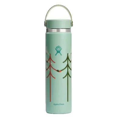 Hydro Flask Let's Go Together 24 oz Wide Mouth with Flex Cap shown in TreeLine Green option. Aqua water bottle with red, green, white, and blue trees. Blue Hydro Flask logo. Shown with Aqua colored cap.