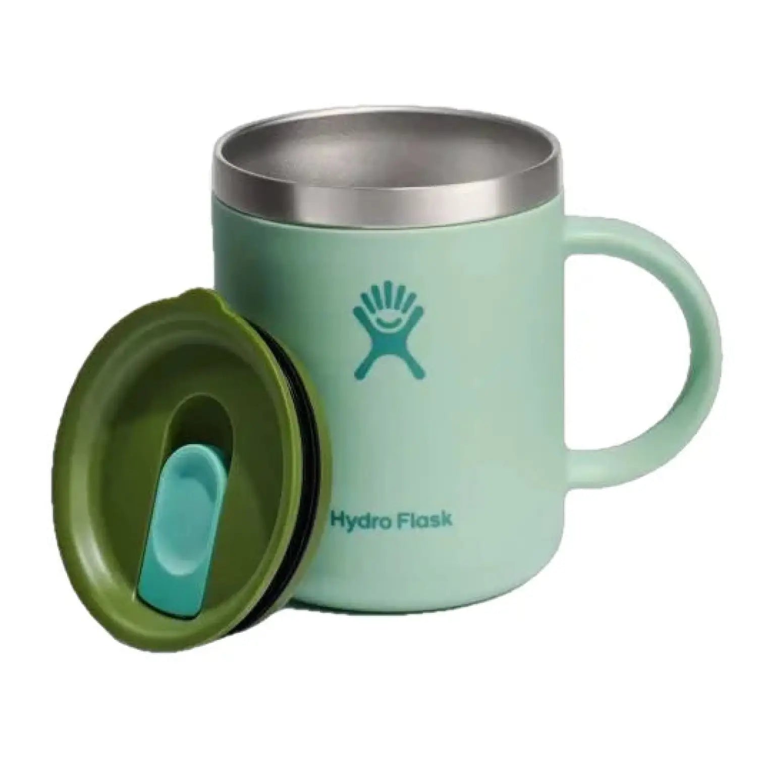 Hydro Flask Let's Go Together 12 oz Mug. Aqua colored mug, blue Hydroflask logo. Green lid also shown.