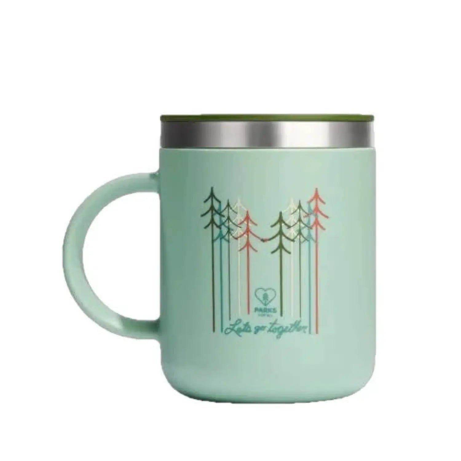 Hydro Flask Let's Go Together 12 oz Mug. Aqua colored mug with tree design in green, blue, white, and red colors. 