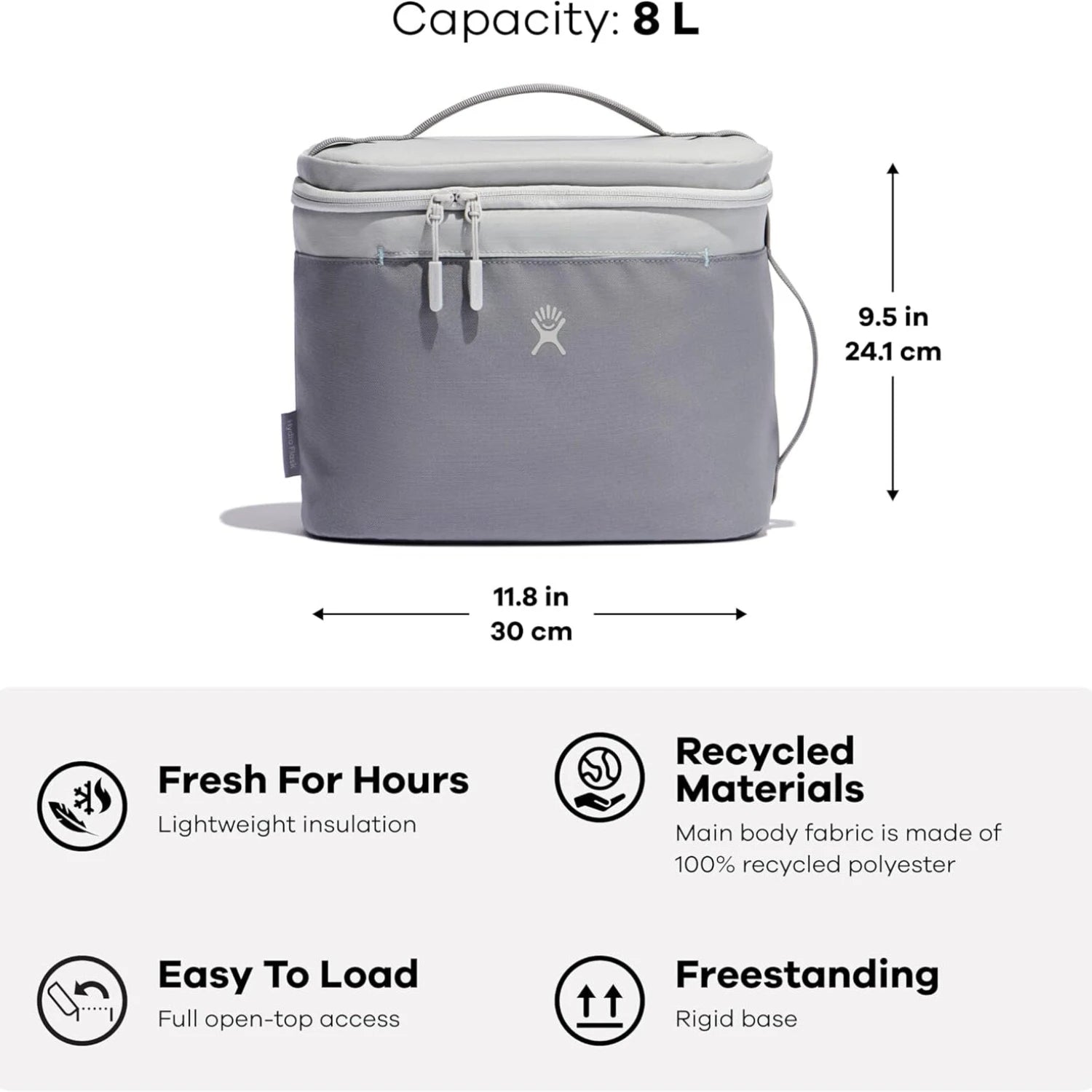 Hydroflask Insulated Lunch Bag 8L in grey, dimensions