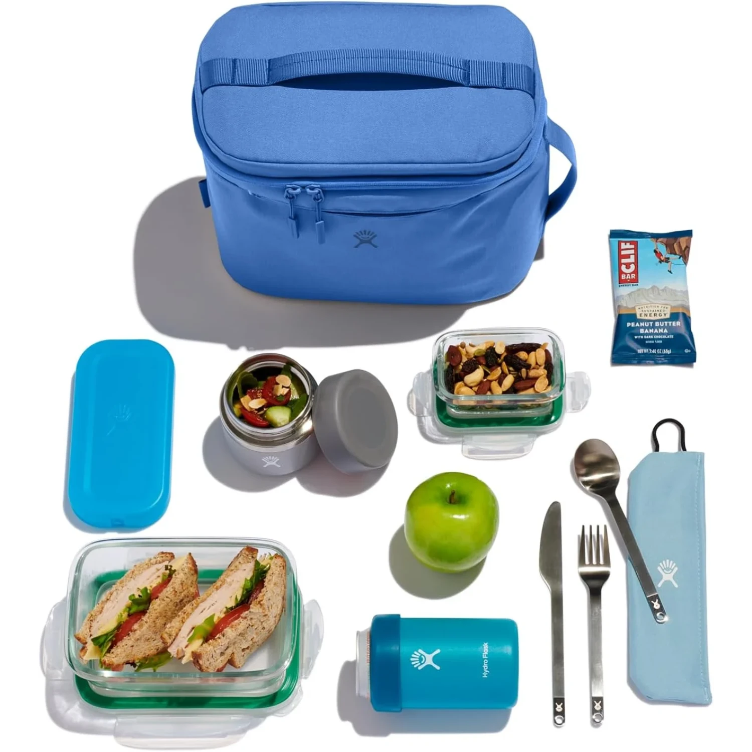 Hydroflask Insulated Lunch Bag 8L in cascade, top view unpacked