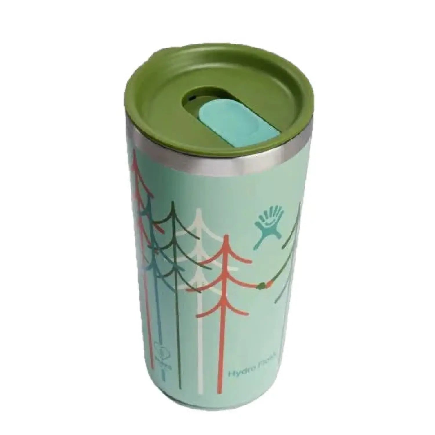 Hydro Flask Let's Go Together 20 oz All Around™ Tumbler. Aqua tumbler with green, whie, red, and blue tree design. Blue Hydro Flask logo. Also shown with green lid.