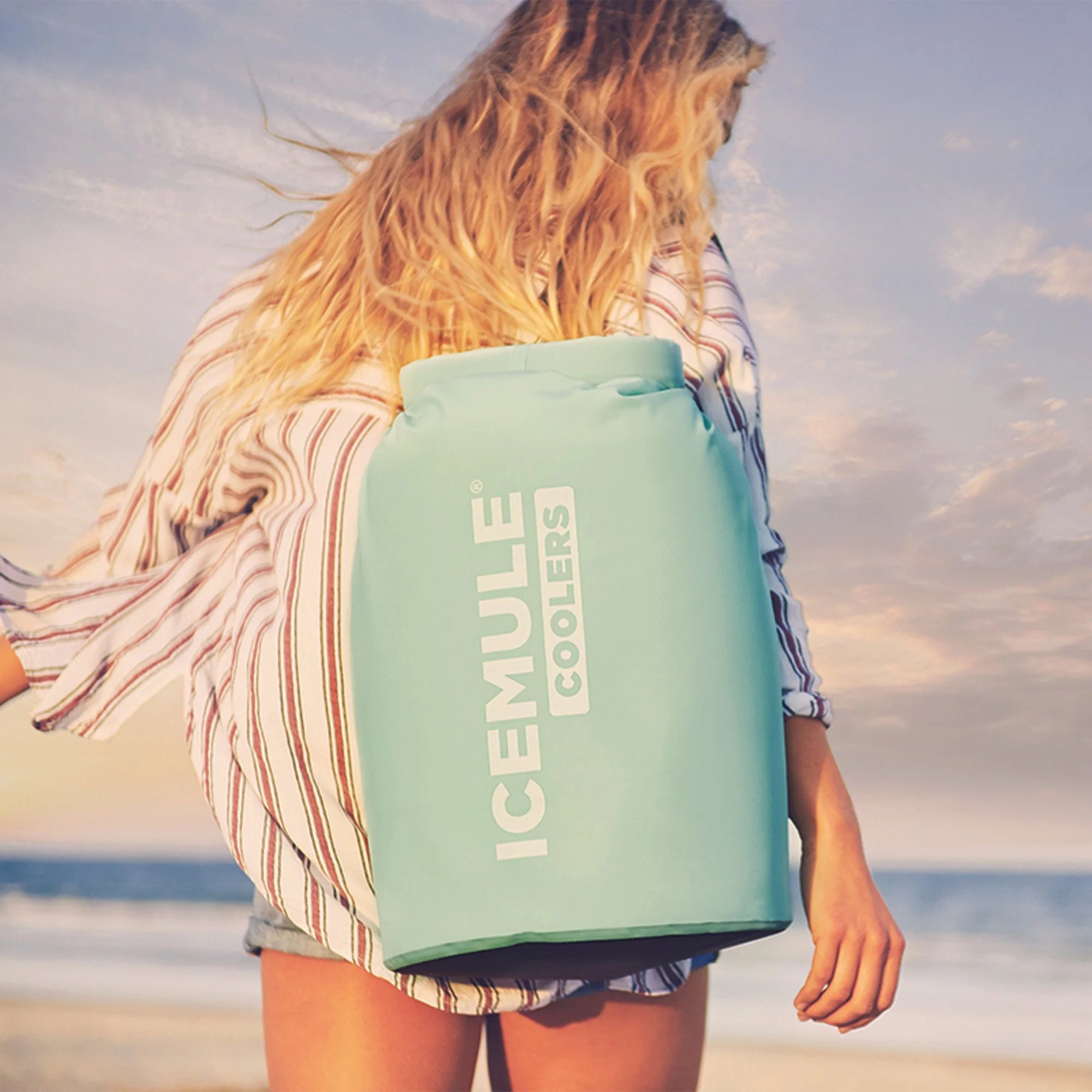ICEMULE Coolers Classic™ Large 20L, Seafoam, front view on model