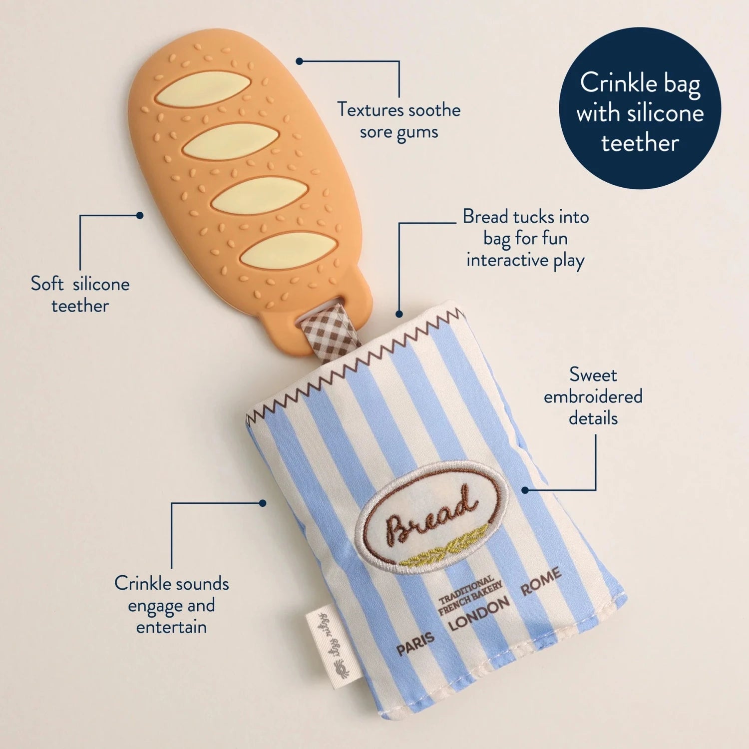 Itzy Ritzy Baguette Teensy Crinkle Teether, details view
