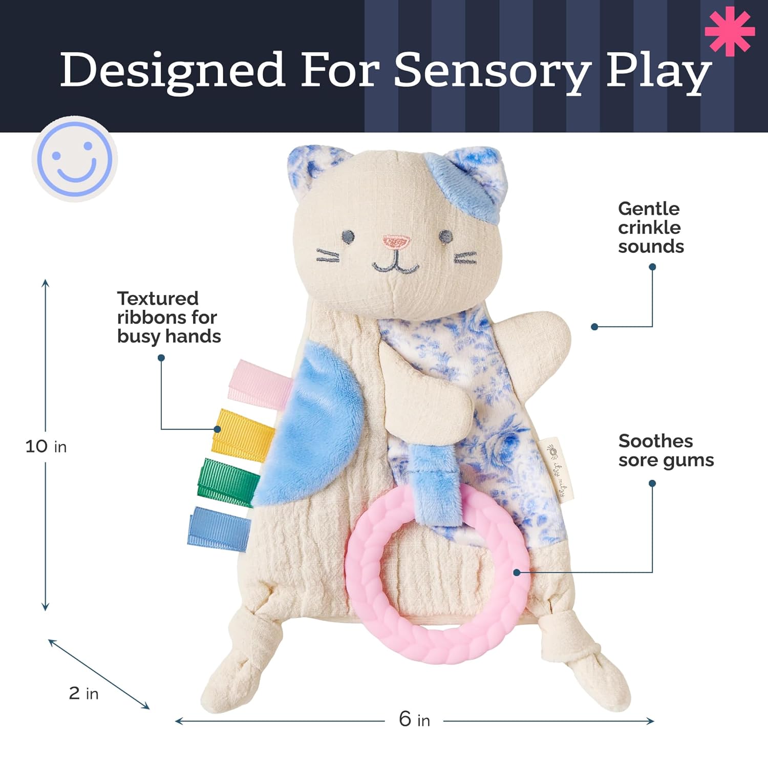 Itzy Ritzy Baby Bitzy Crinkle Teether Toy in kitty, front view details & dimensions