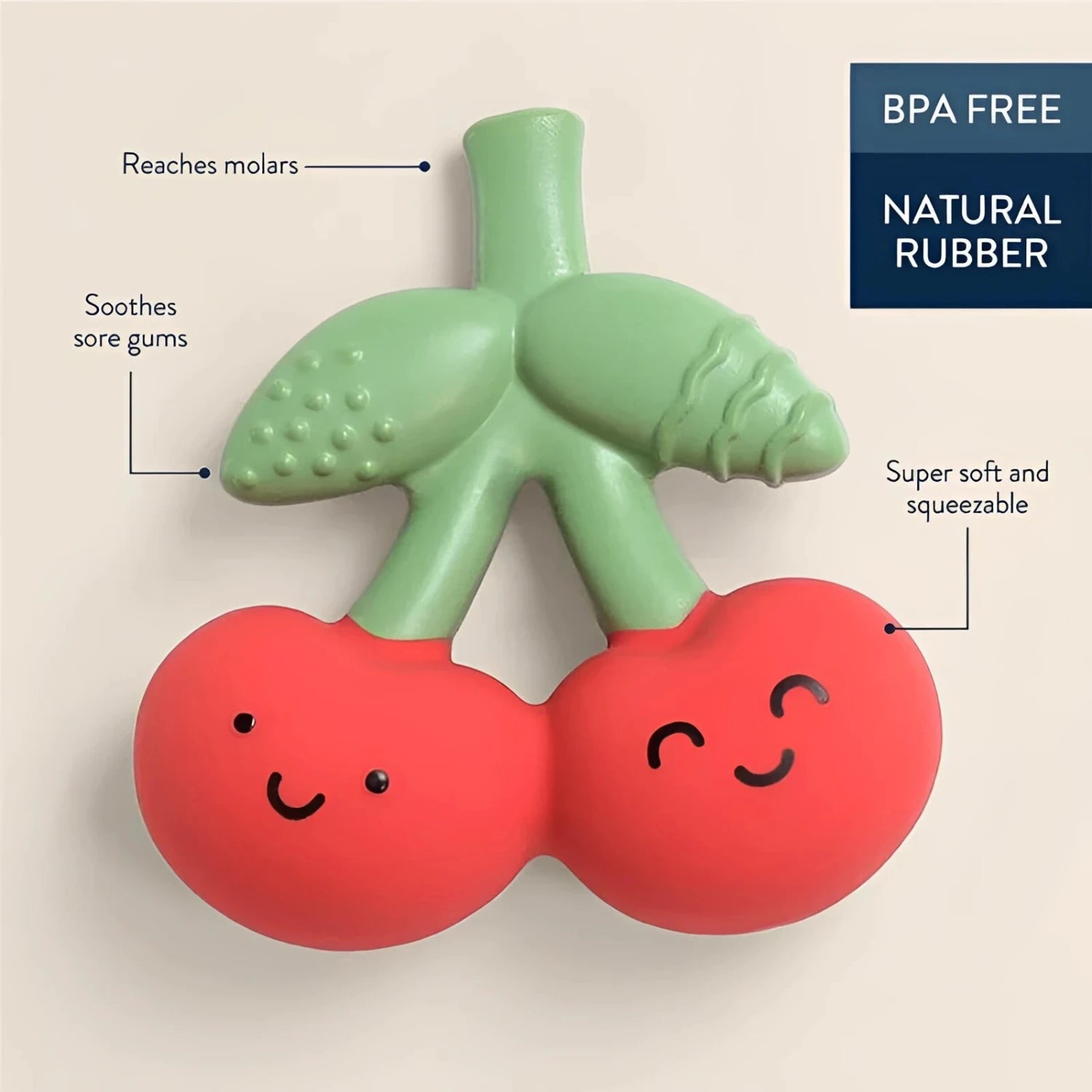 Itzy Ritzy Comfort Crew Teether in cherries, front view features