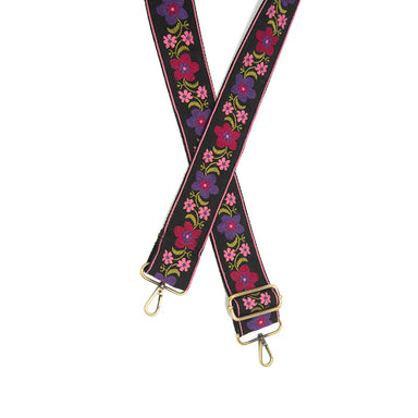 joy susan 2" folk floral embroidered guitar strap in black front close view