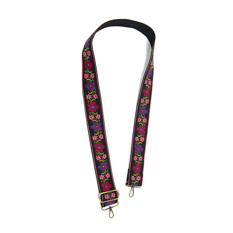 joy susan 2" folk floral embroidered guitar strap in black open front view