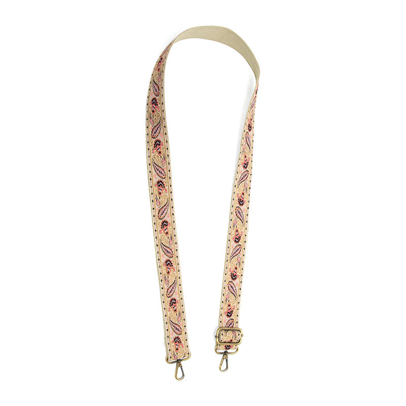 joy susan gold metallic pink and purple paisley guitar strap front open view