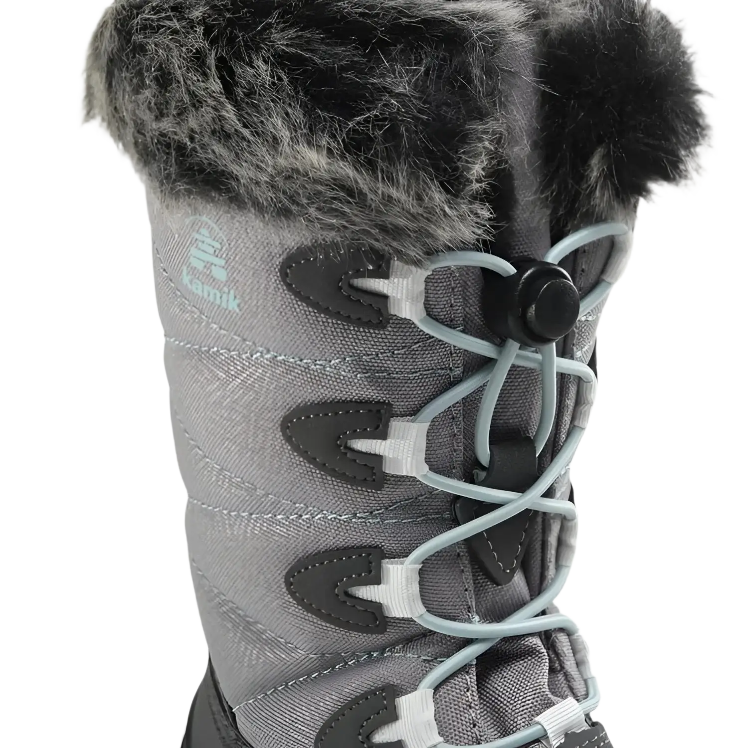 Kamik Kid's Snowangel Winter Boot in charcoal, lace detail view