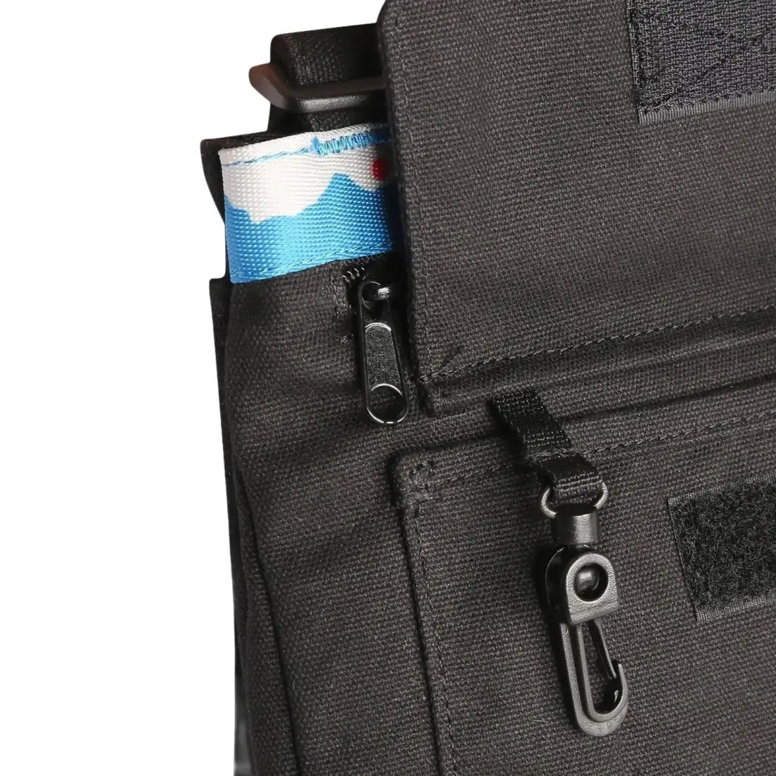 KAVU Keeper Bag in black, pocket & clip detail view