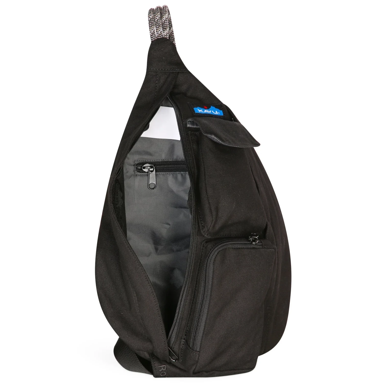 Kavu Mini Rope Bag in black, front view unzipped