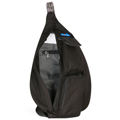 Kavu Mini Rope Bag in black, front view unzipped