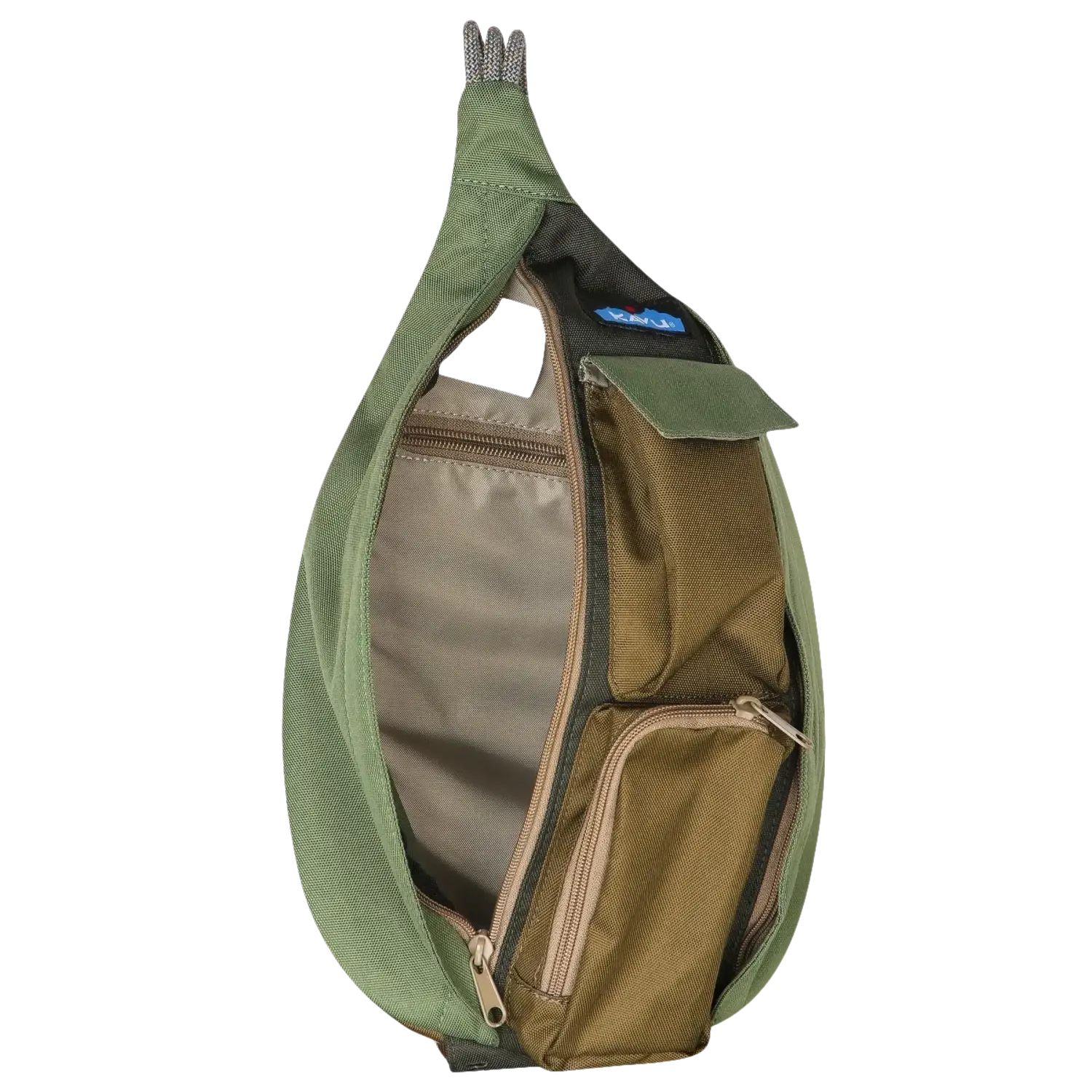Kavu Mini Rope Sling in ground cover, front view unzipped
