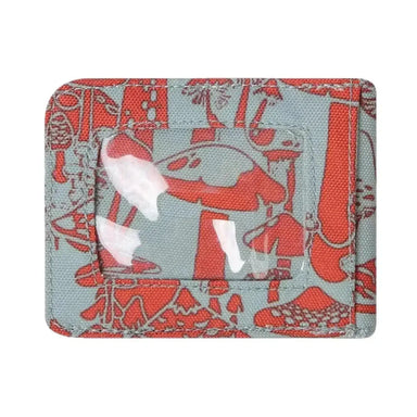 Kavu Watershed Wallet in farout forage color. Light blue with red mushroom design. Back view.