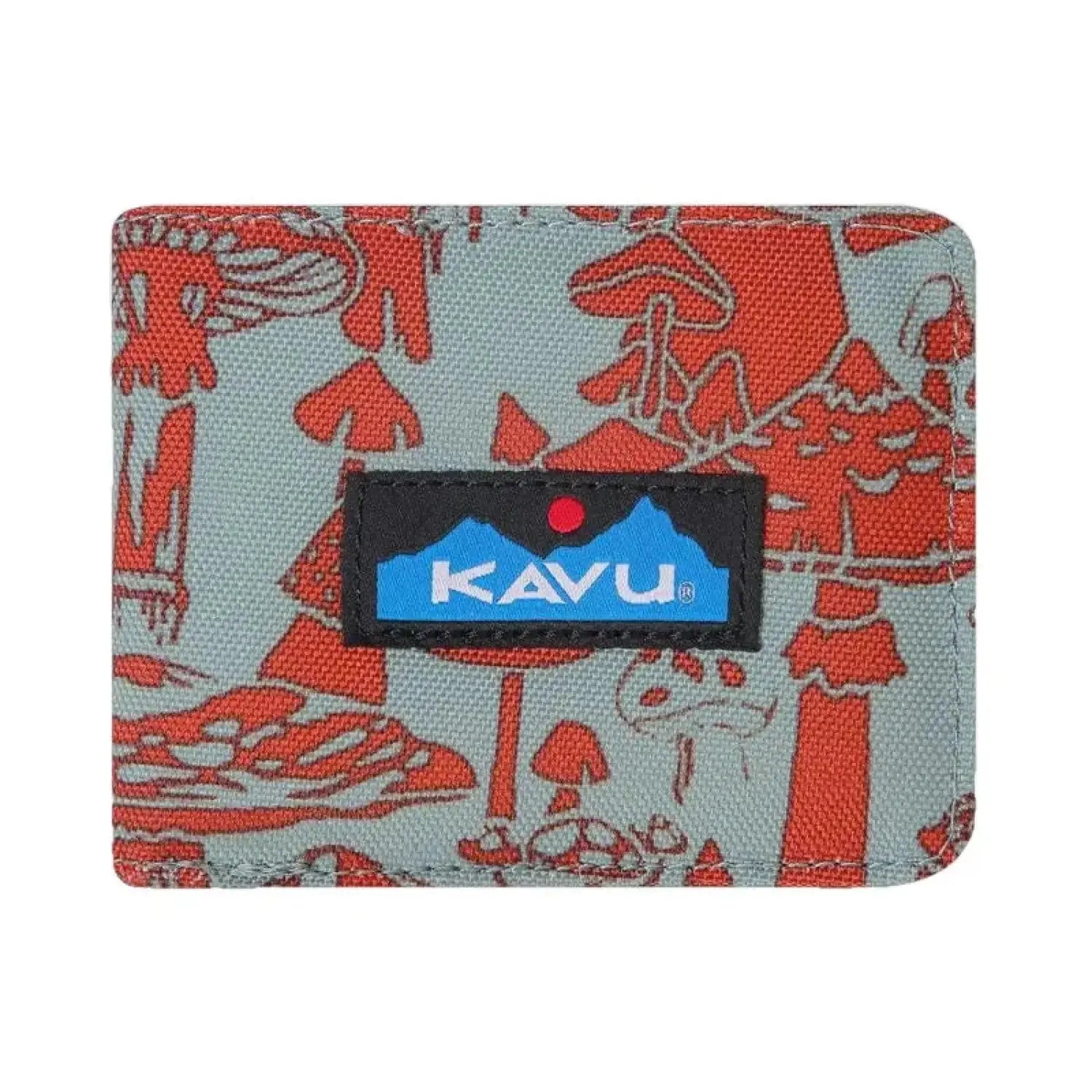 Kavu Watershed Wallet in farout forage color. Light blue with red mushroom design. Front view with Kavu logo.
