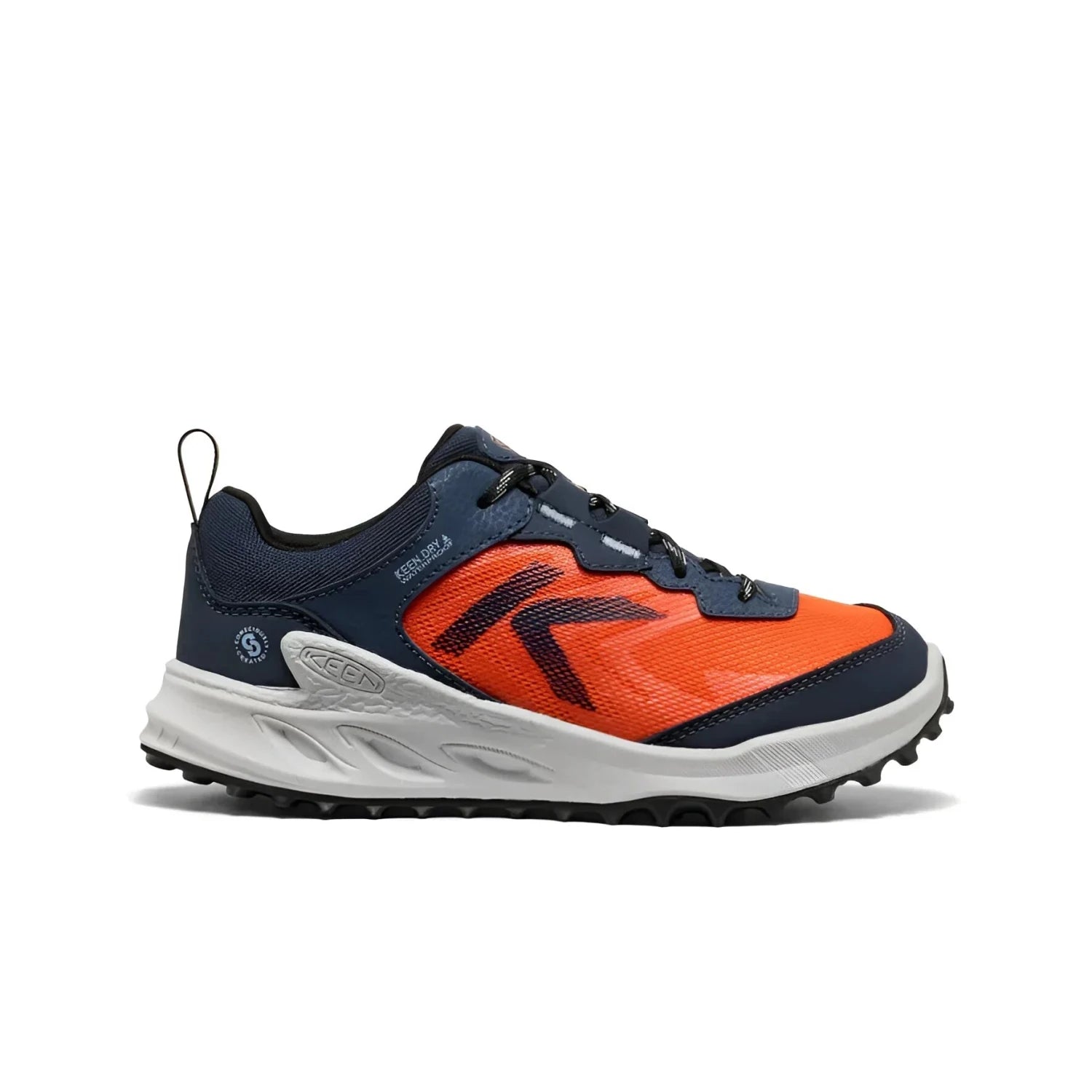 KEEN Big Kid's Zionic Waterproof Shoe in naval academy & scarlet ibis, side view