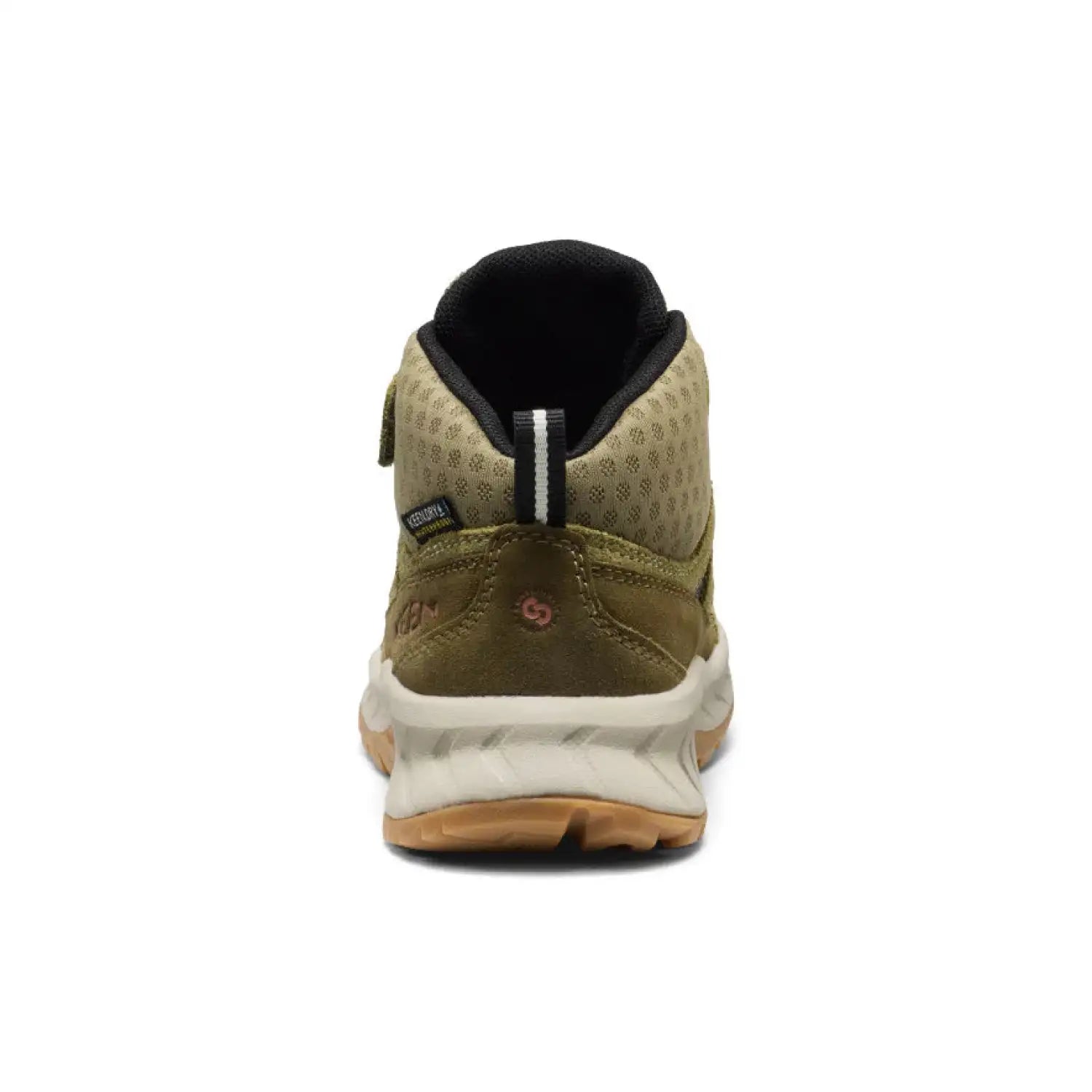 KEEN Kid's Hightrail Waterproof Hiking Boot in Dark Olive Martini Olive, back view 