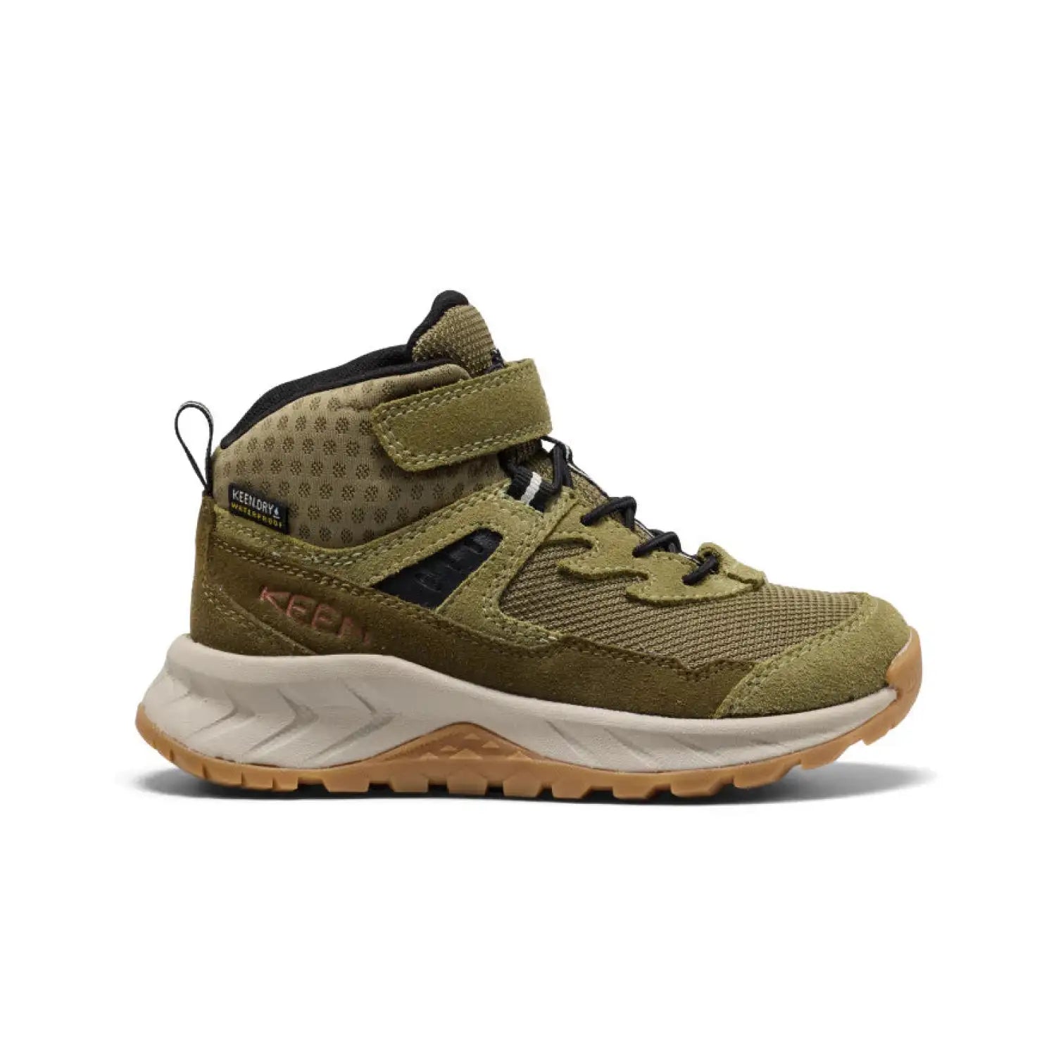KEEN Kid's Hightrail Waterproof Hiking Boot in Dark Olive Martini Olive, side view 