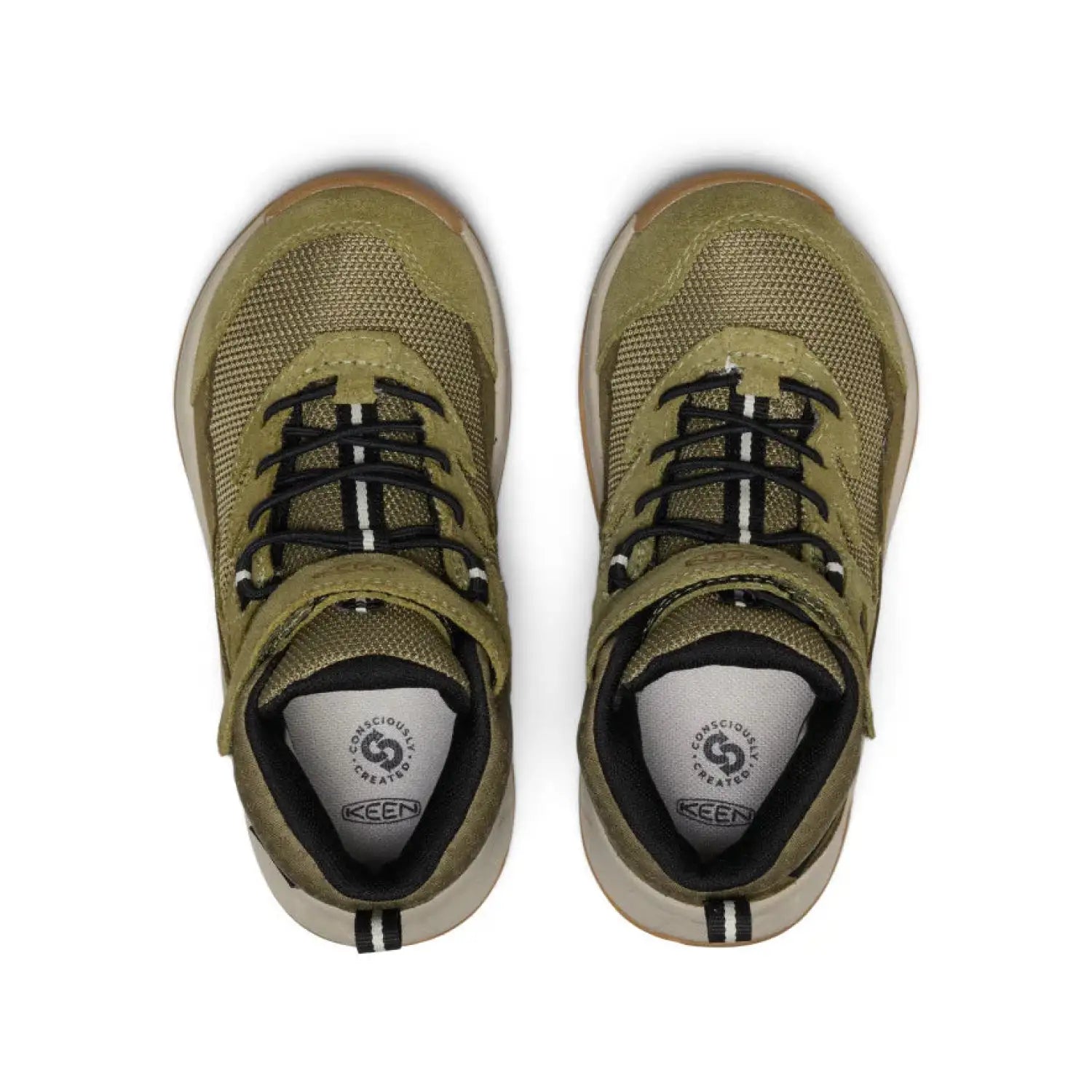 KEEN Kid's Hightrail Waterproof Hiking Boot in Dark Olive Martini Olive, top view of pair 