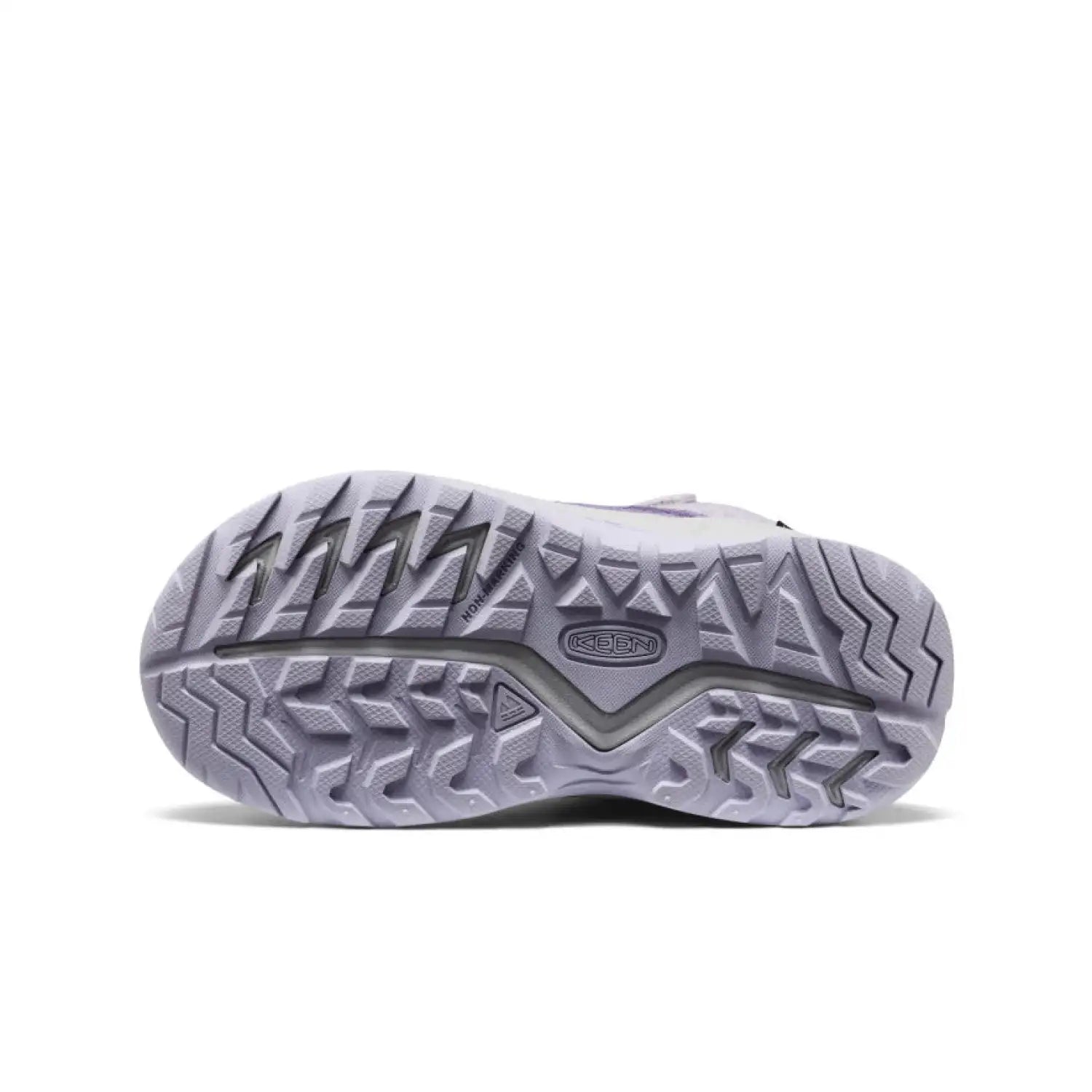 KEEN Kid's Hightrail Waterproof Hiking Boot in Purple Haze Thistle, bottom view 
