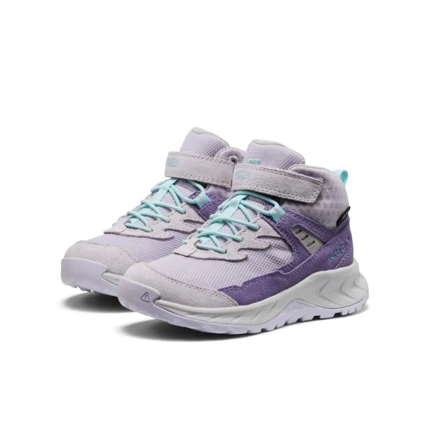 KEEN Kid's Hightrail Waterproof Hiking Boot in Purple Haze Thistle, side and front view of pair 