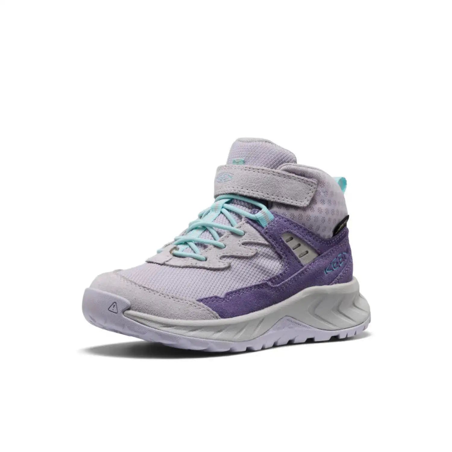 KEEN Kid's Hightrail Waterproof Hiking Boot in Purple Haze Thistle, front and side view