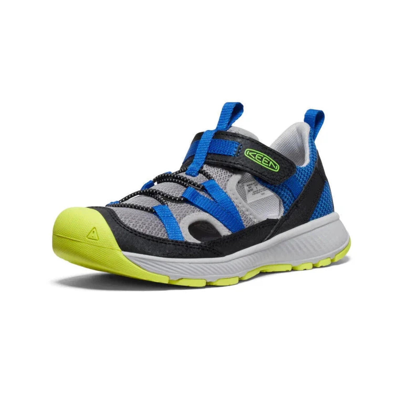 KEEN K's Motozoa Sandal, Classic Blue Primrose, front and side view 