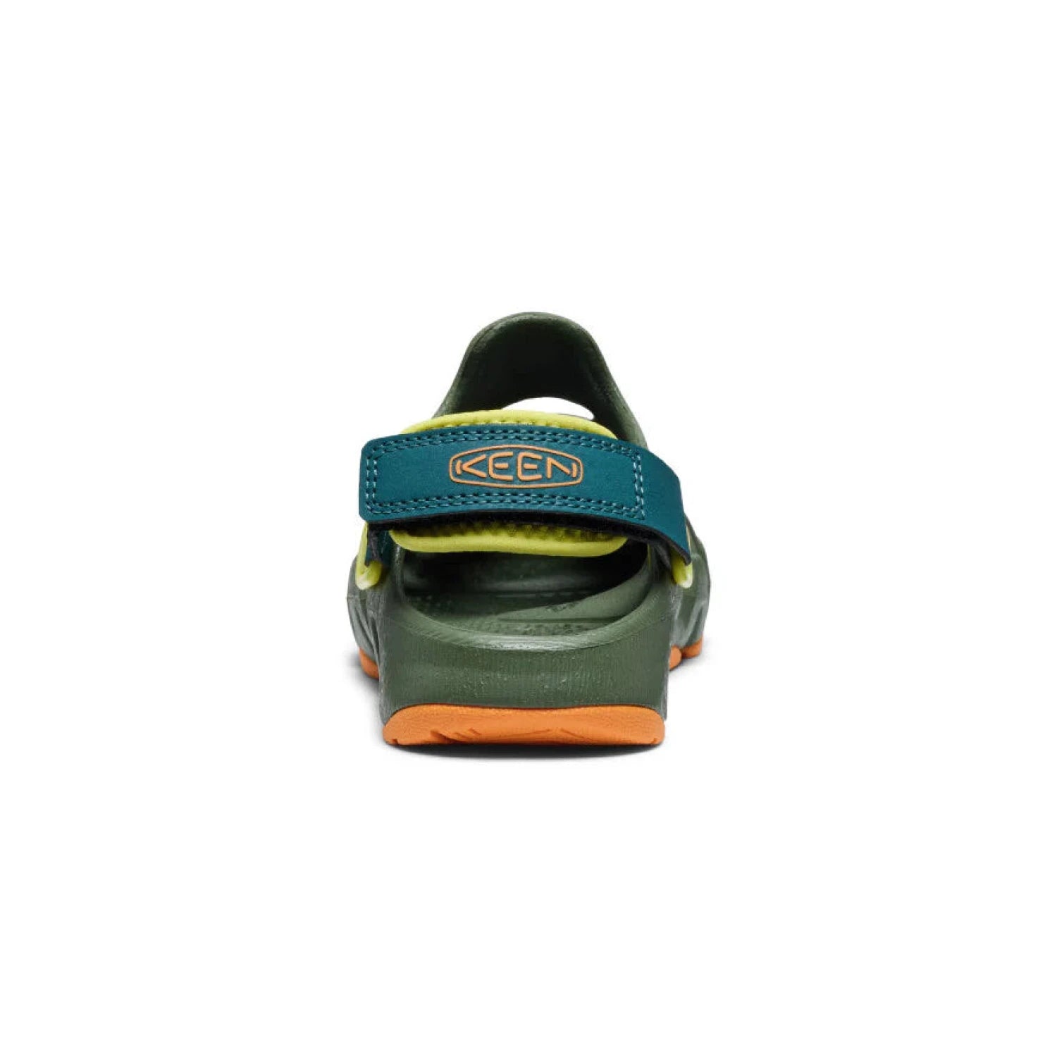 KEEN Kid's HyperFLT Clog in bronze green & orange, back view