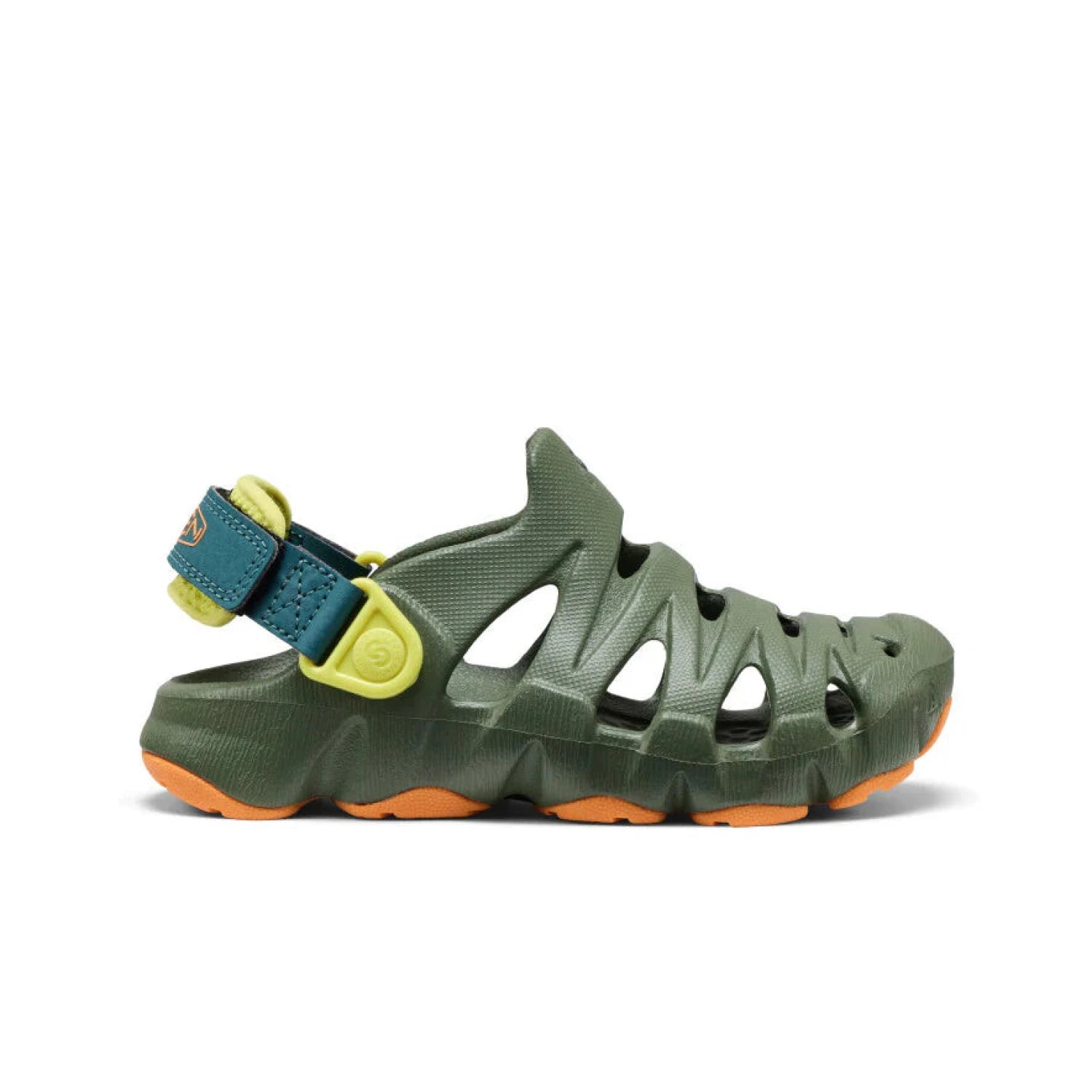 KEEN Kid's HyperFLT Clog in bronze green & orange, side view