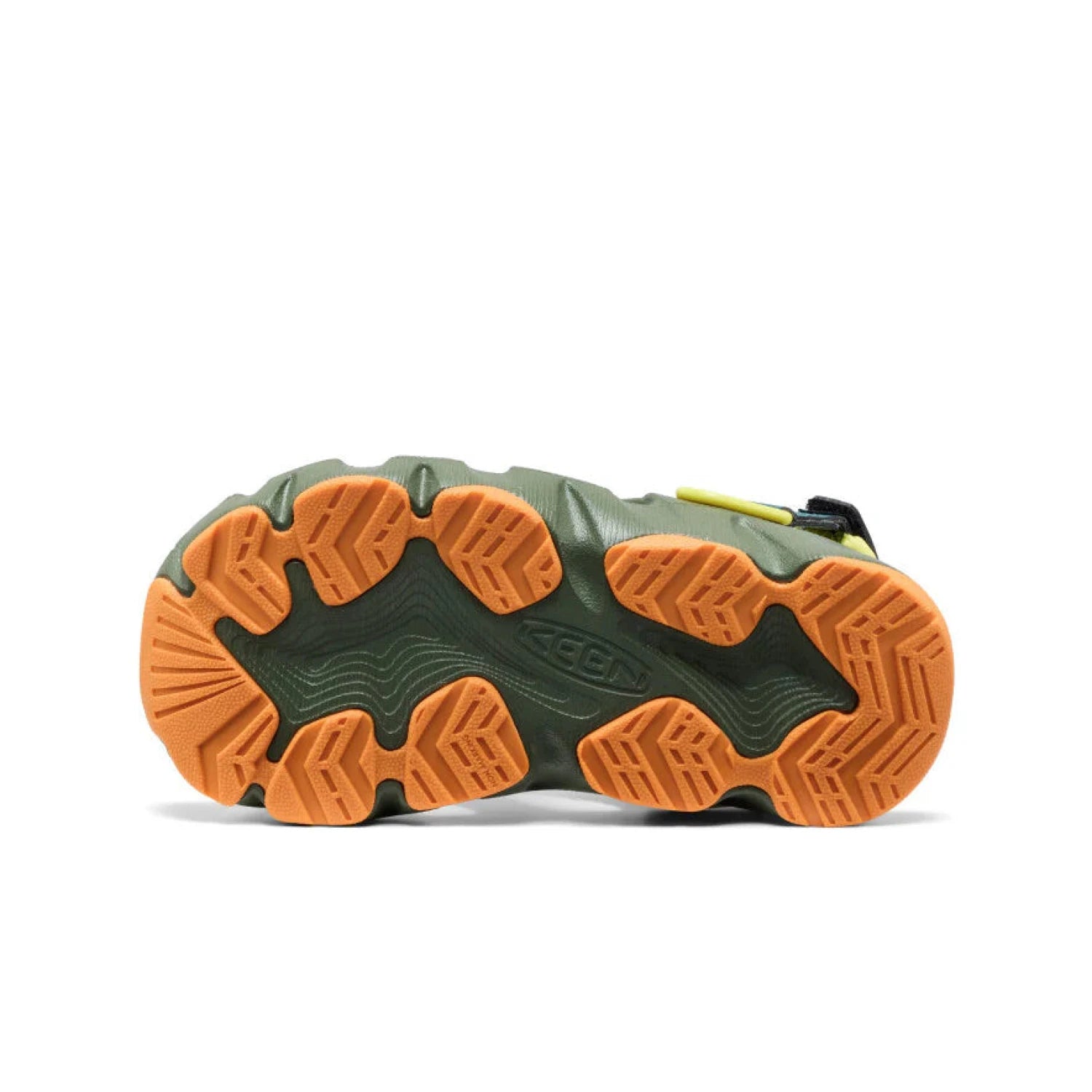 KEEN Kid's HyperFLT Clog in bronze green & orange, sole view