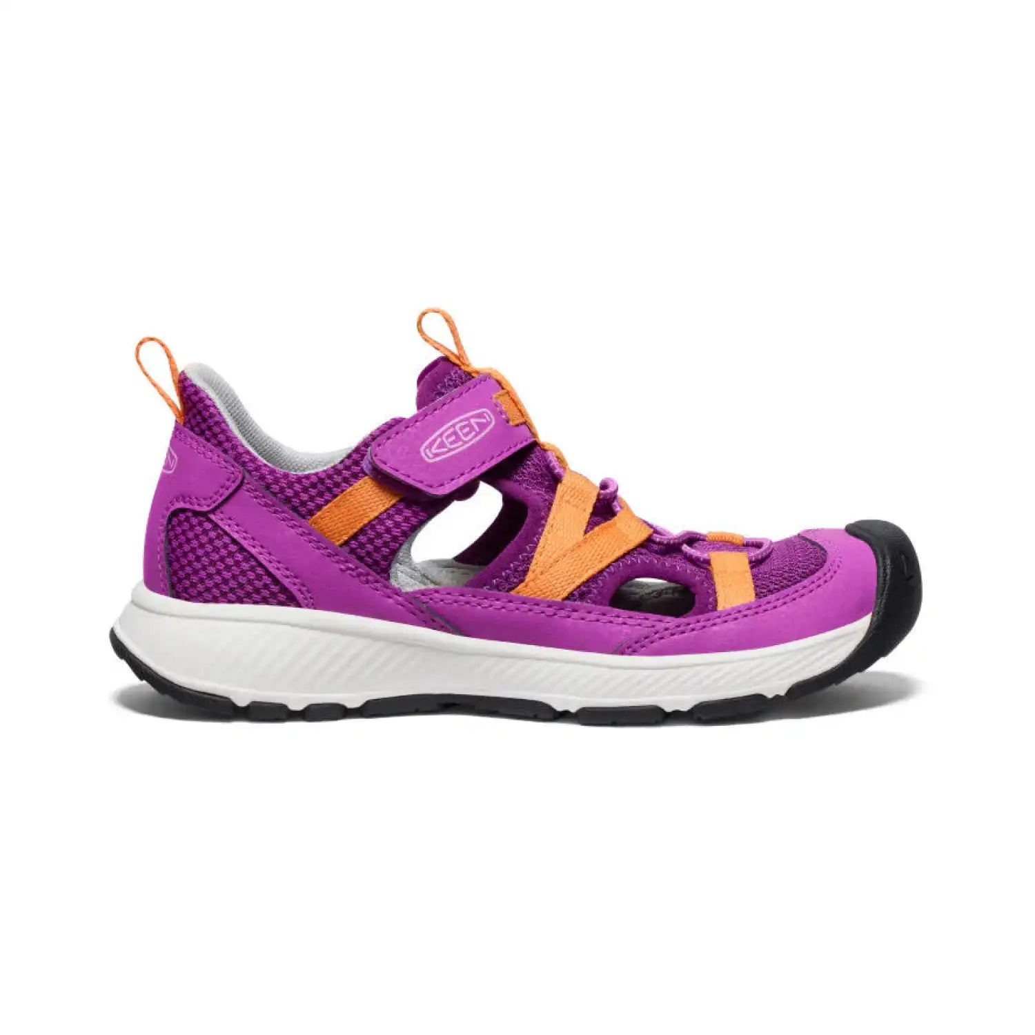 Keen Kid's Motozoa Sandal shown in the Willowherb color option. Side view.