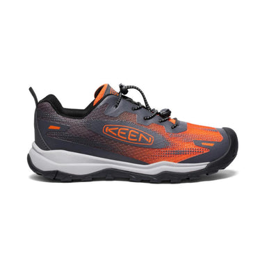 Keen Kids's Wanduro Speed Hiking Shoe, shown in the Magnet/Scarlet Ibis color option. Side view.