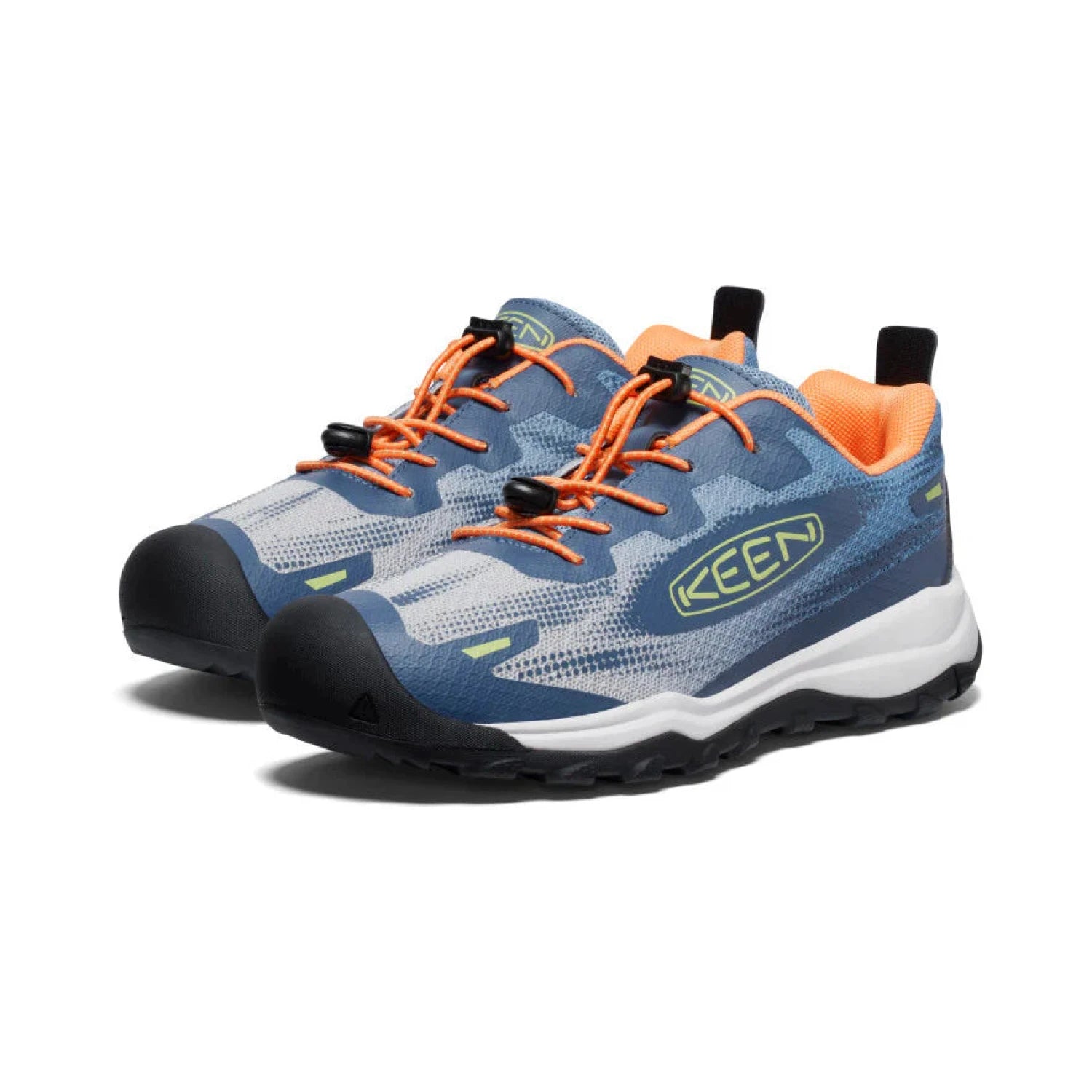 Keen Kids's Wanduro Speed Hiking Shoe, shown in the Vintage Indigo/Tangerine color option. Pair Side view.