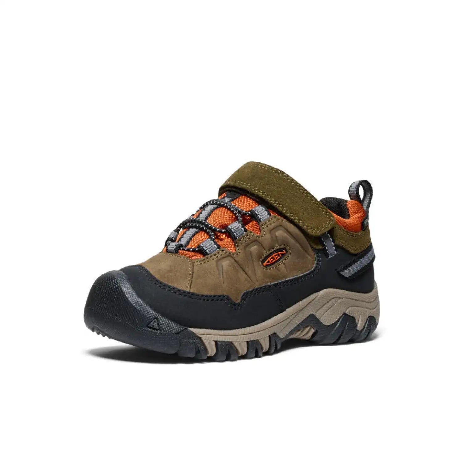 Keen Kid's Targhee IV Waterproof Hiking Shoe shown in the Dark Olive color option. Angle view.