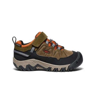 Keen Kid's Targhee IV Waterproof Hiking Shoe shown in the Dark Olive color option. Side view.