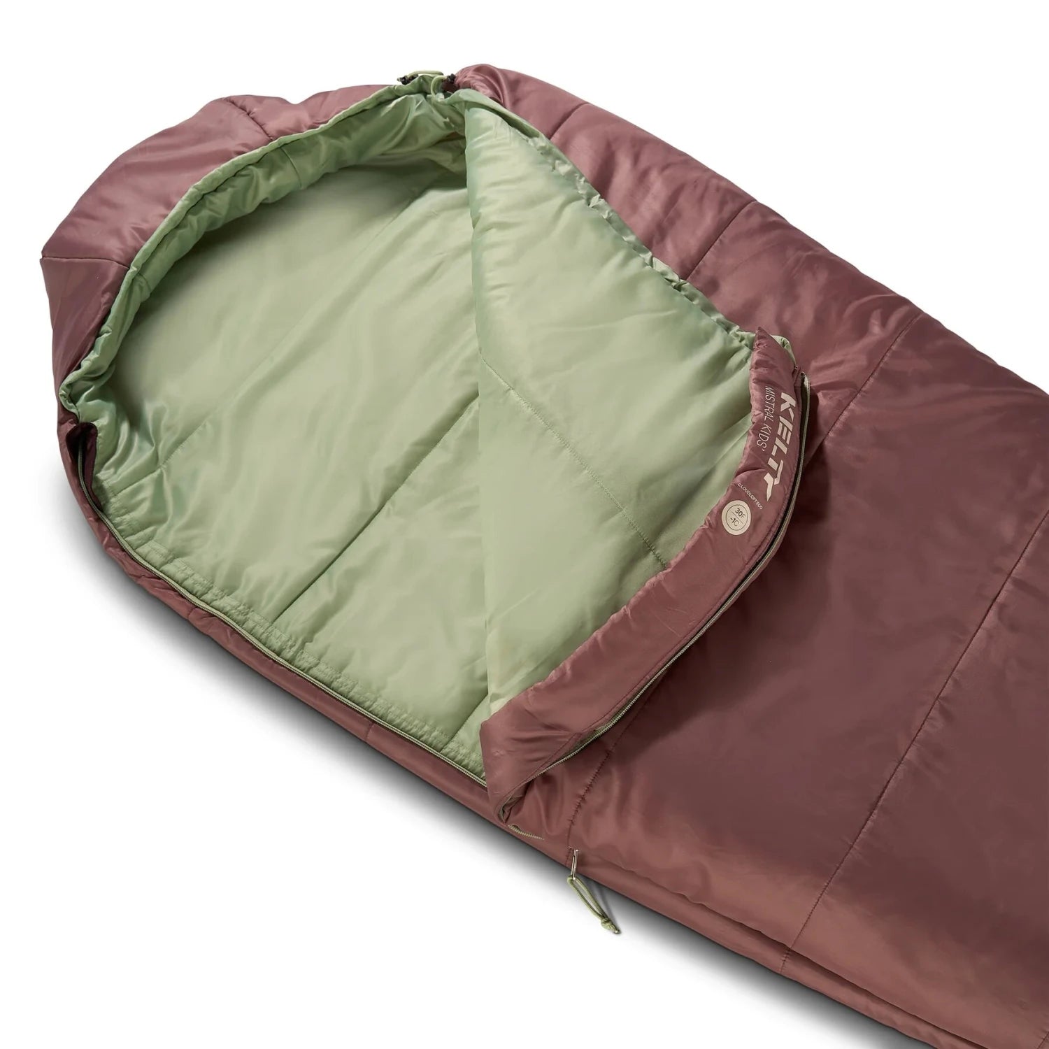 Kelty Kid's Mistral 30 Sleeping Bag in antler & huckleberry, top upclose view
