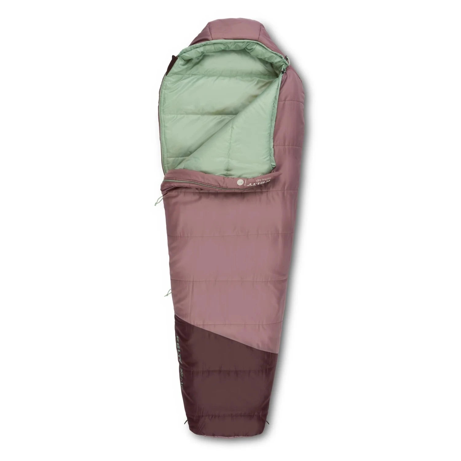 Kelty Kid's Mistral 30 Sleeping Bag in antler & huckleberry, unzipped view