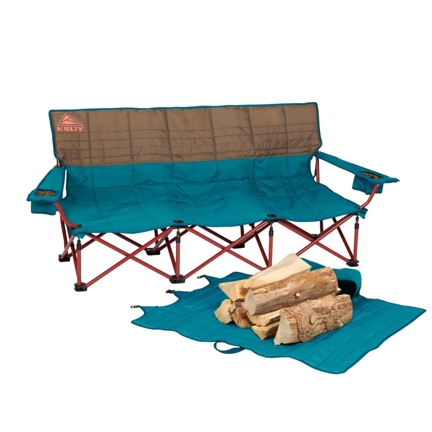 Kelty Lowdown Couch in deep lake & fallen rock front view with logs on open carrier bag