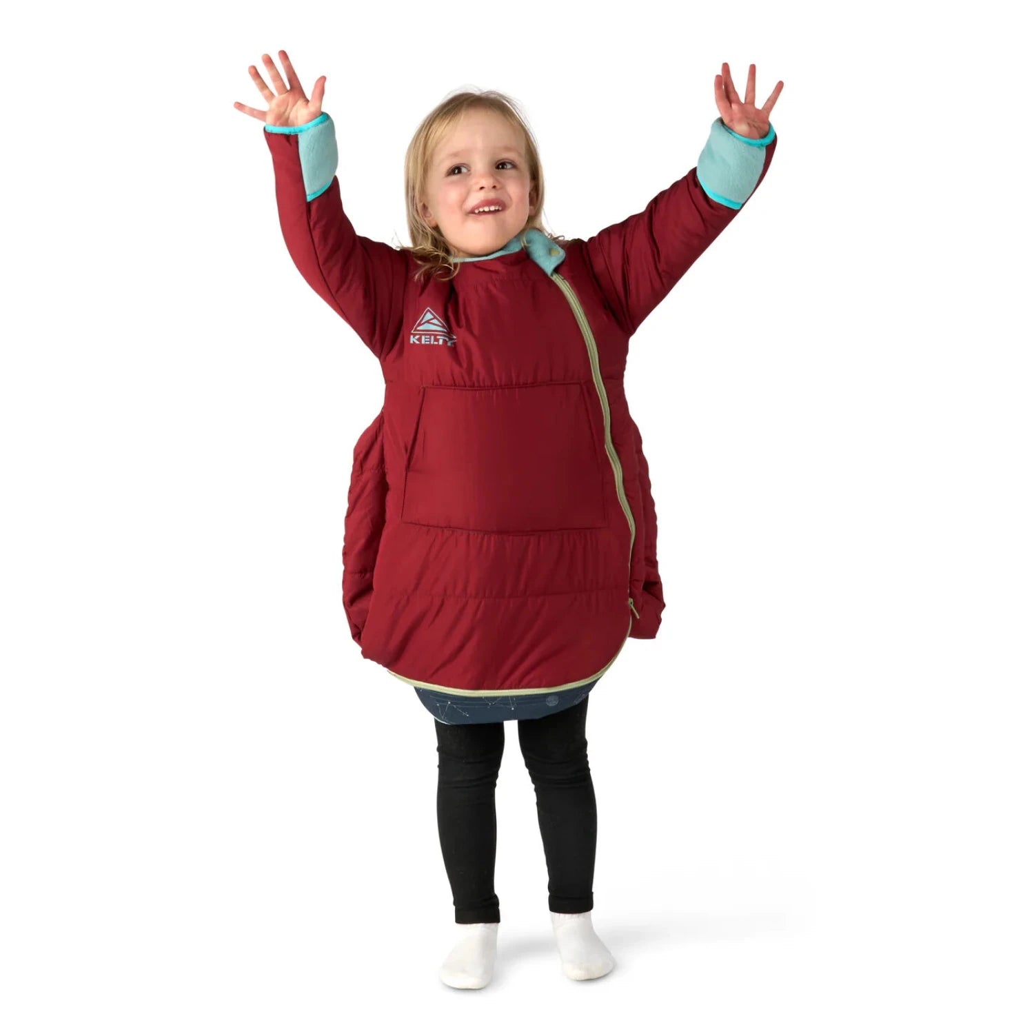 Kelty Space Cadet 40 Sleeping Bag in tibetan red, toddler in bottom unzipped view