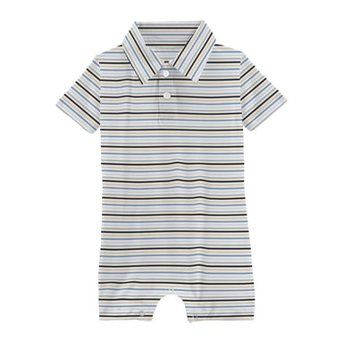 KicKee Baby Short Sleeve Polo Romper Rhyme Stripe Flat Front