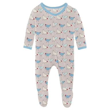 Kickee Pants Baby Print Footie with Snaps in latte chickens, flat front view