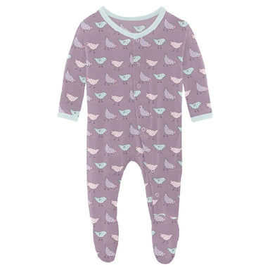 Kickee Pants Baby Print Footie with Snaps in lavender chickens, flat front view