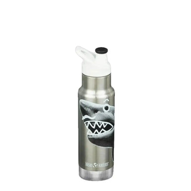 Klean Kanteen Classic's Insulated Kids Water Bottle with Sport Cap 12 oz. Silver bottle with shark design and white cap. 