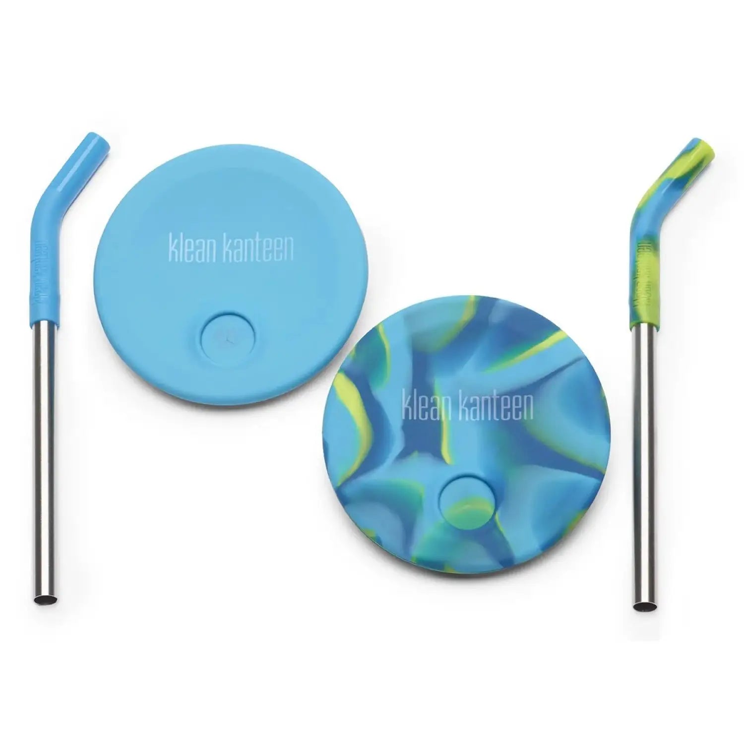 Klean Kanteen Kid's Cup Straw Lid 2-Pack shown in blue and blue tie-dye with reusable stainless steel straws.
