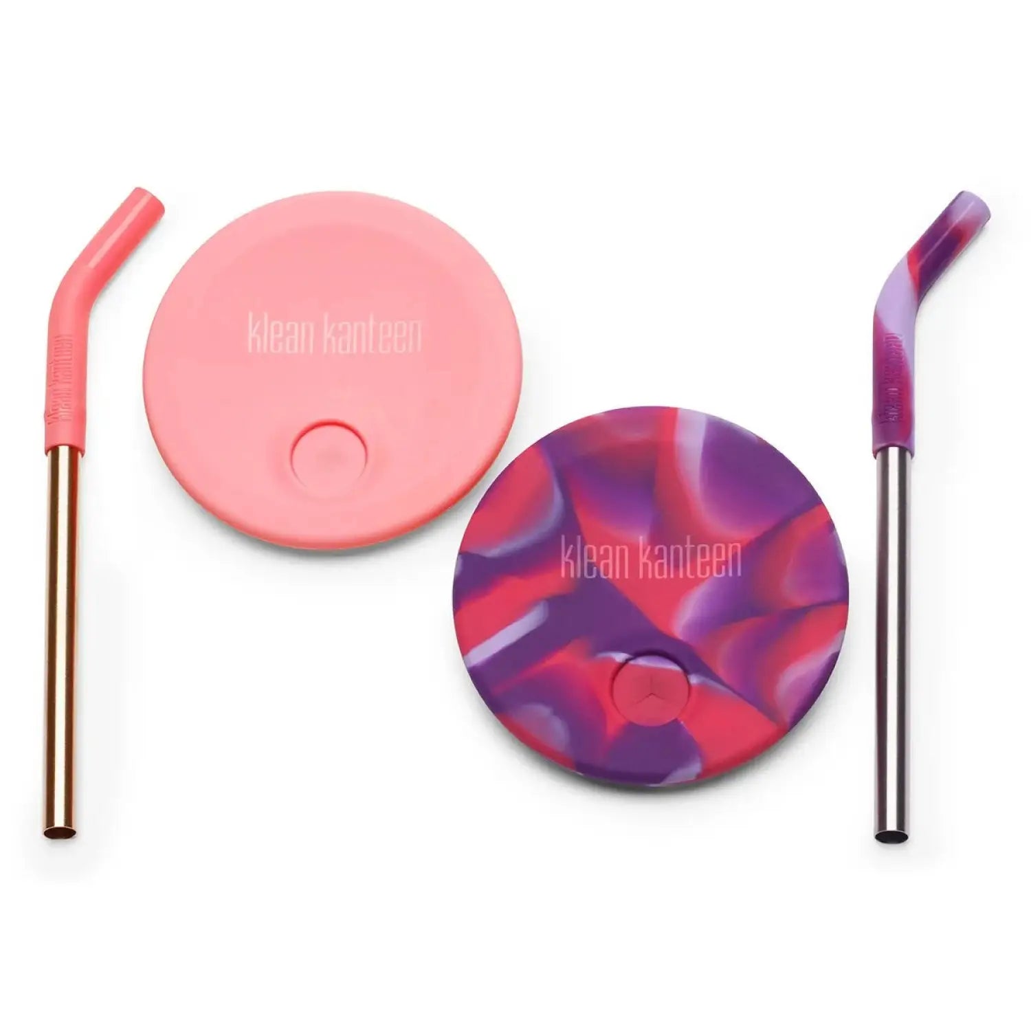 Klean Kanteen Kid's Cup Straw Lid 2-Pack shown in pink and pink and purple tie-dye with reusable stainless steel straws.
