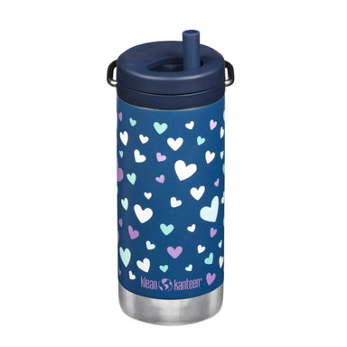 Klean Kanteen TKWide Insulated Water Bottle with Twist Cap 12 oz in navy with multi hearts