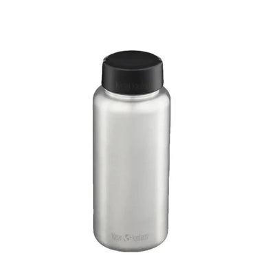 Klean Kanteen Wide Water Bottle with Loop Cap brushed stainless steel with black cap. Loop handle down, 40oz size