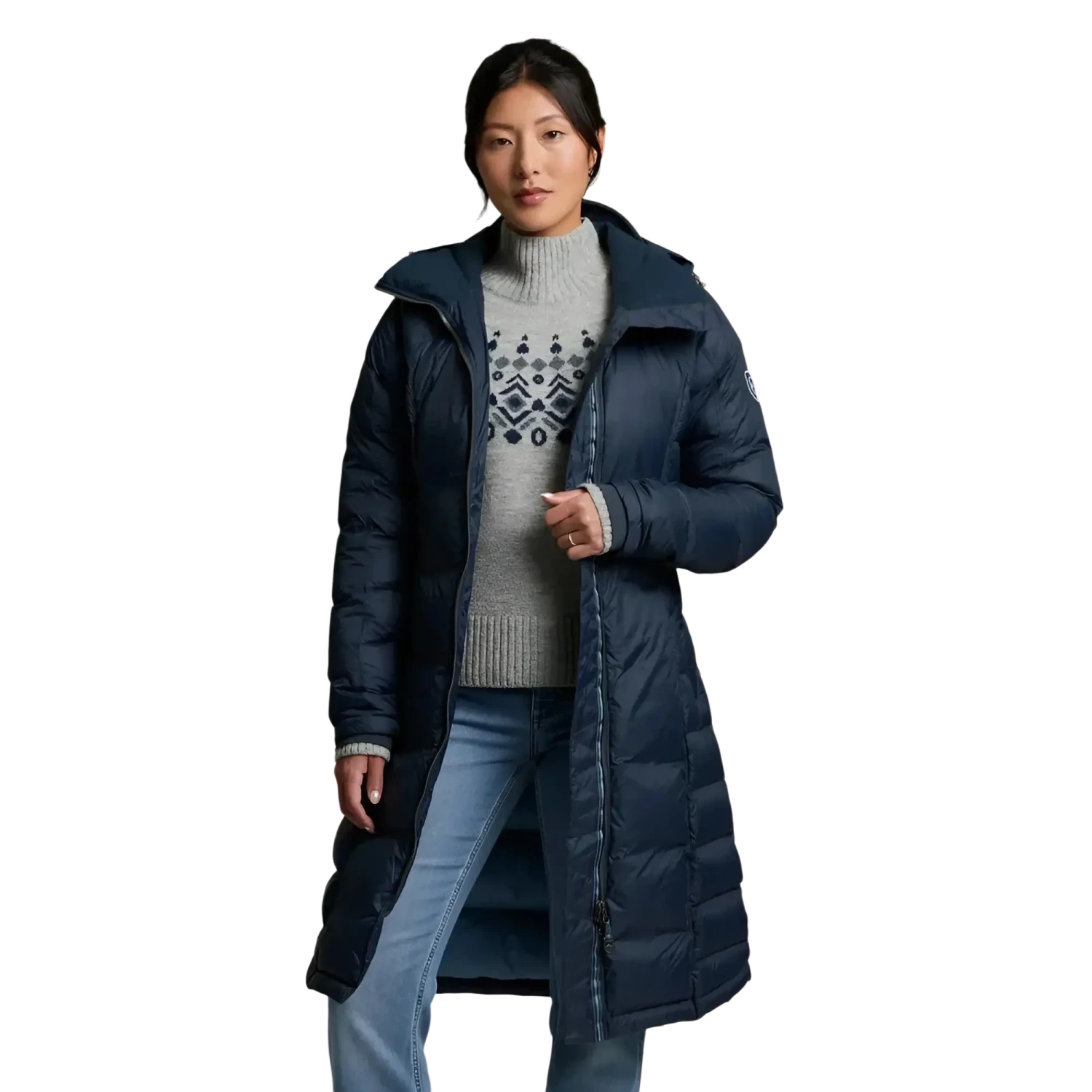KÜHL® Women's Crossfire™ Parka in metal blue, on model front view unzipped